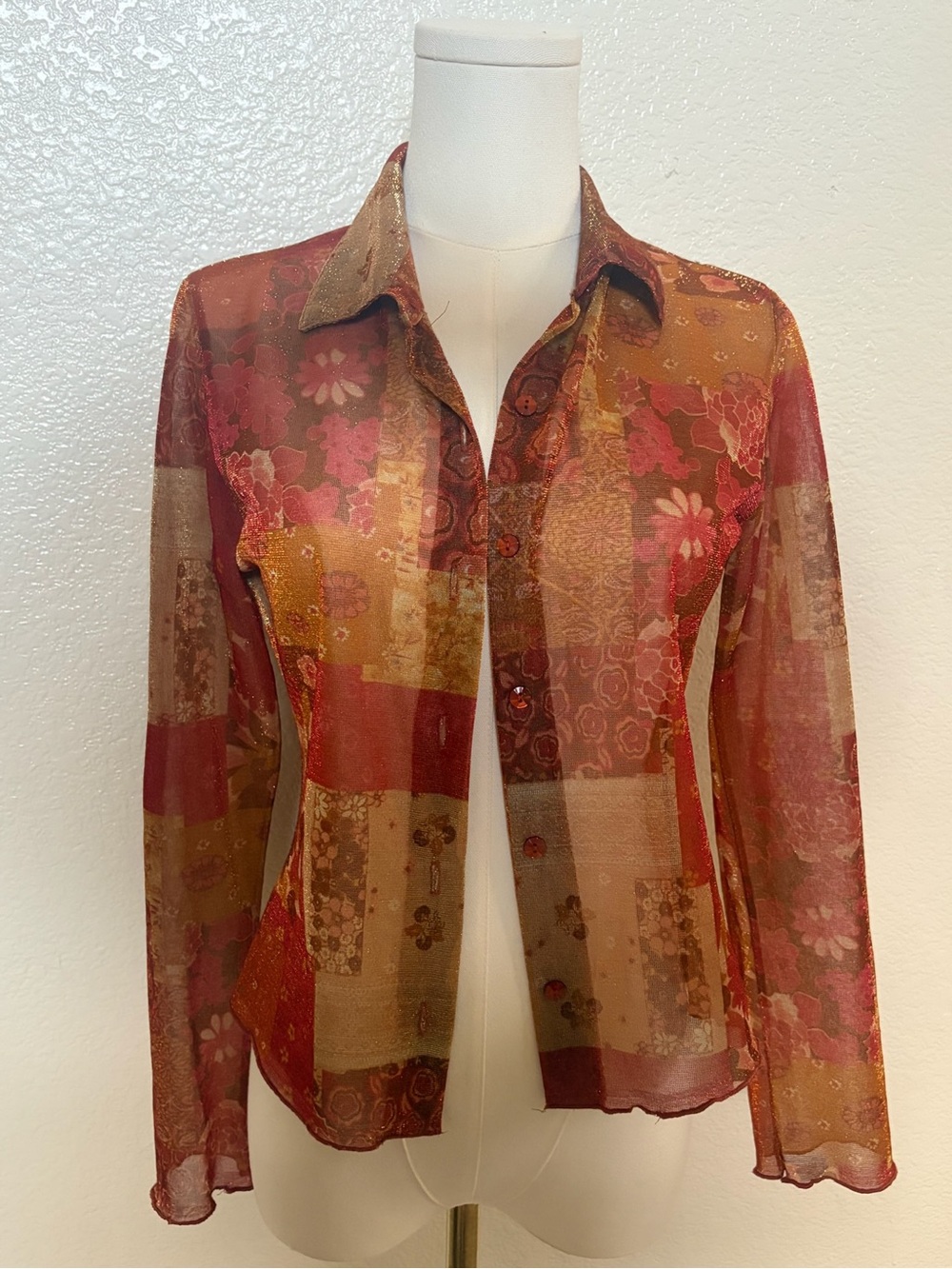 Sheer Patchwork Floral Button-Front Shirt in Red and Brown